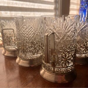 Set of 6 Russian Filigree Glassholders With Glasses Circa 50s